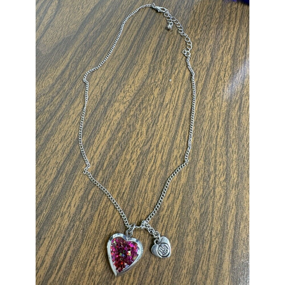 Girls Heart Locket Necklace Pink Glitter Charm Silver Tone Adjustable Kids